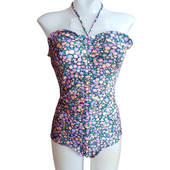 Medium True Vintage Floral Halter One Piece Bodysuit Swimsuit Ruched Mom 1980's - Picture 1 of 10